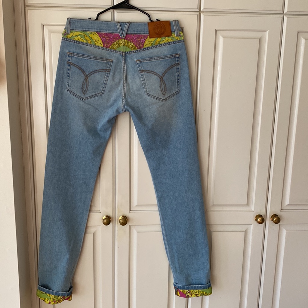 Gianni Versace Slim Jeans Blue Denim Vibrant Colored Ornate Pattern Men's 30